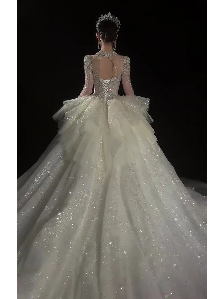 High End Long Sleeved Wedding Dress Bride Ball Gown Princess Exquisite Vintage