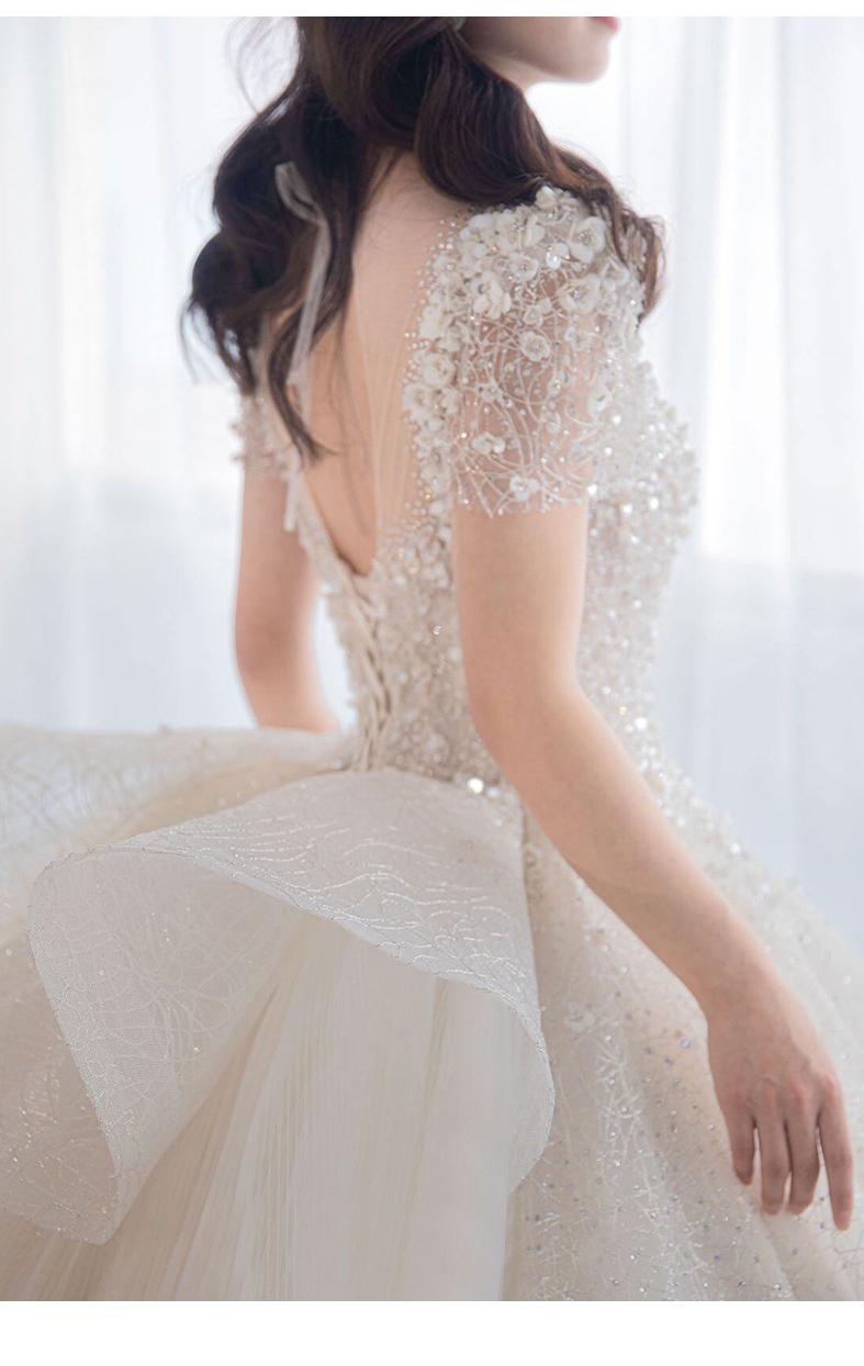 Luxury Short Sleeve Wedding Dress 2023 New Bridal Dress V Neck Beading Shinning Ball Gown Sweep Train