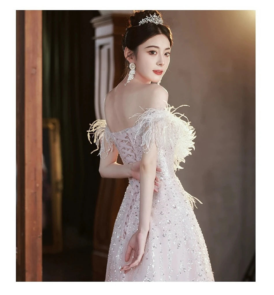 Pink Evening Dresses Off the Shoulder Lace-up Sequins Floor-Length A-line Sleeveless