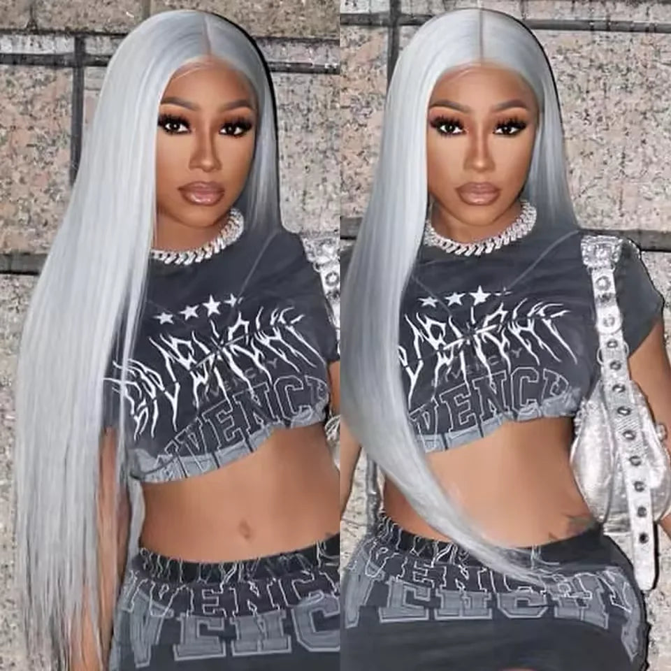 250 Density 13x6 Silver Grey Straight HD 613 Colored Lace Front Wig