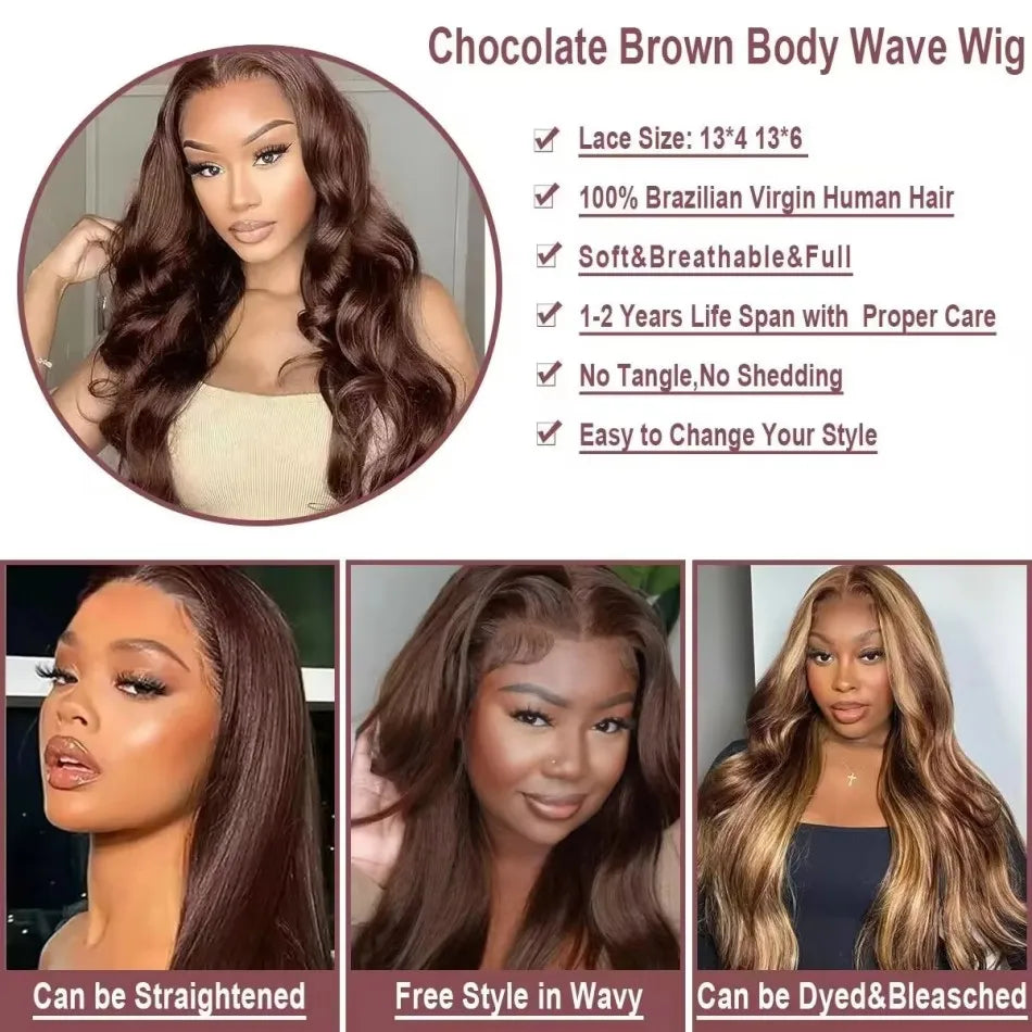 Chocolate Brown Lace Front Wig Body Wave 13x6 Hd Lace Frontal Wig