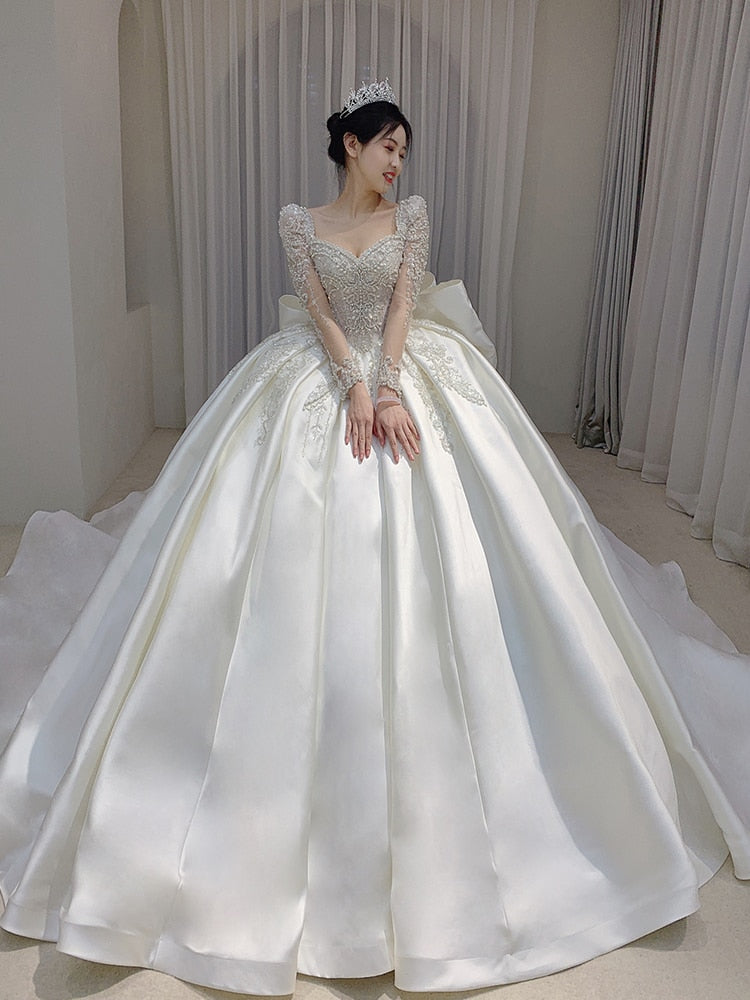 Long Sleeve Wedding Trailing Satin Lace Embroidery Bridal Dresses