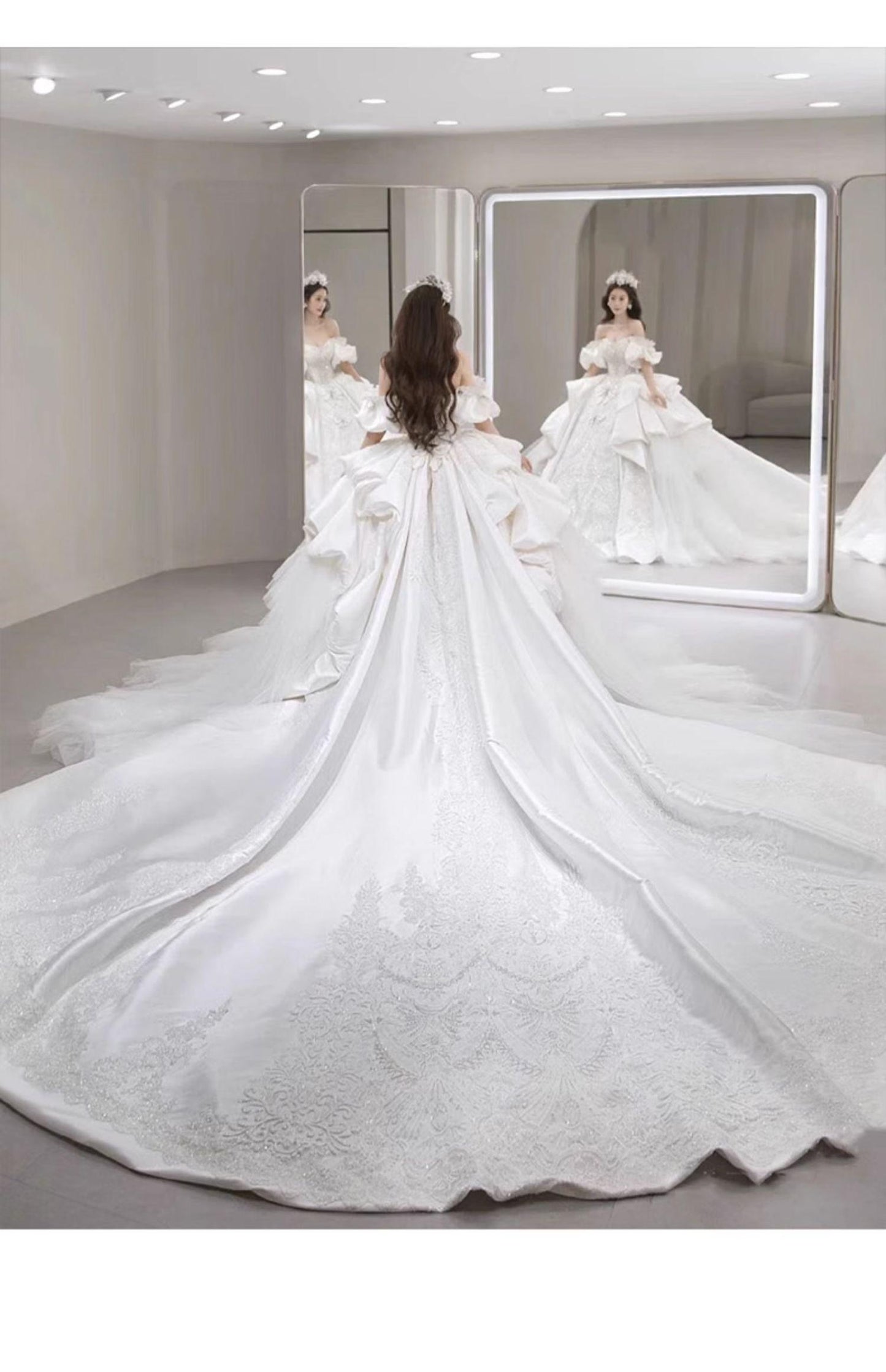 Boat Neck Satin Sweep Train Princess Wedding Gown Lace Embroidery