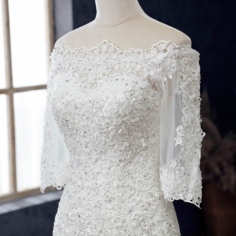 Boat Neck Mermaid Wedding Dress Lace Up Applique Bridal Dress