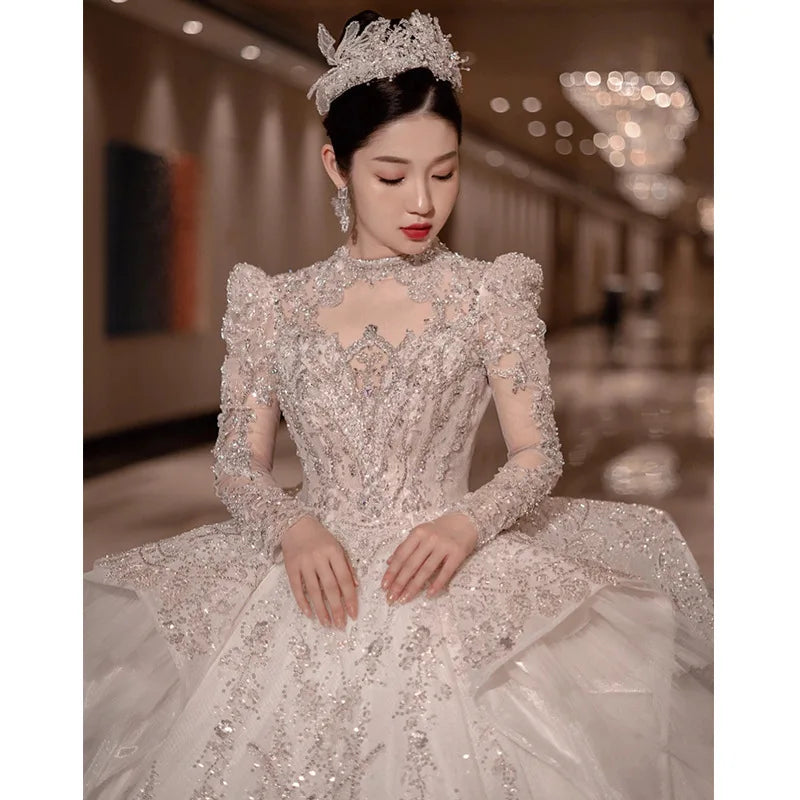 High Neck Long Sleeve Bead Bridal Gown Cathedral Train