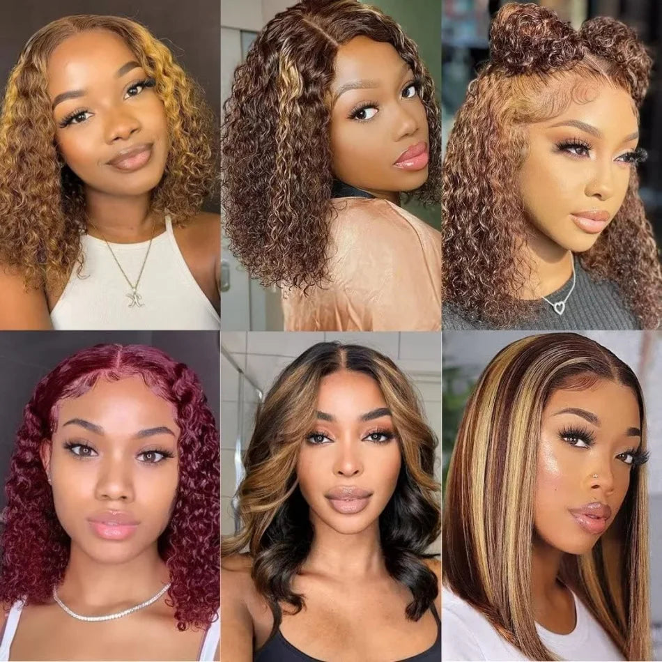 Bob Wig Human Hair 100% Highlight Ombre 5X5 Hd Lace Closure Wig Curly Short