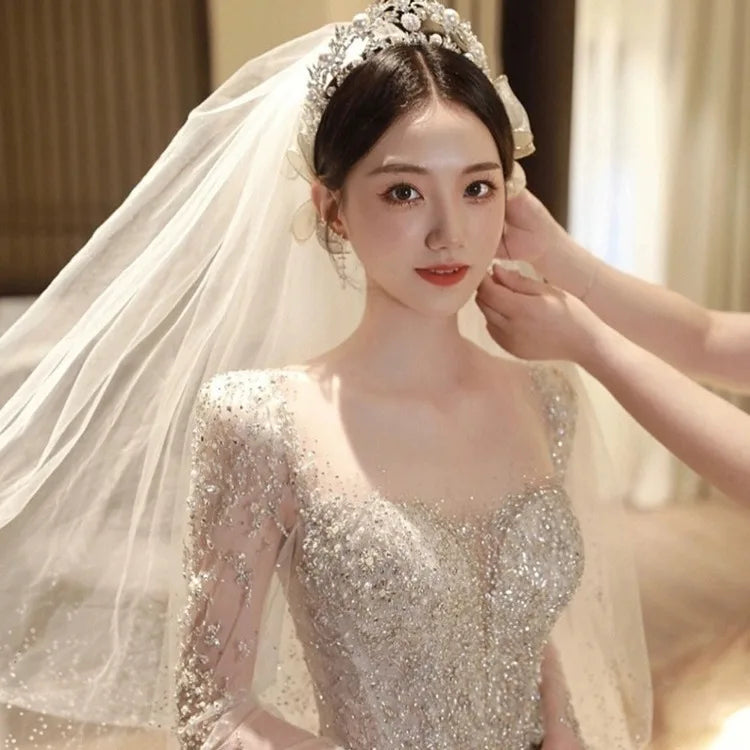 Long Sleeved Vintage Elegant Wedding Dress For Women Lace Sequined Beading Princess Ball Gown