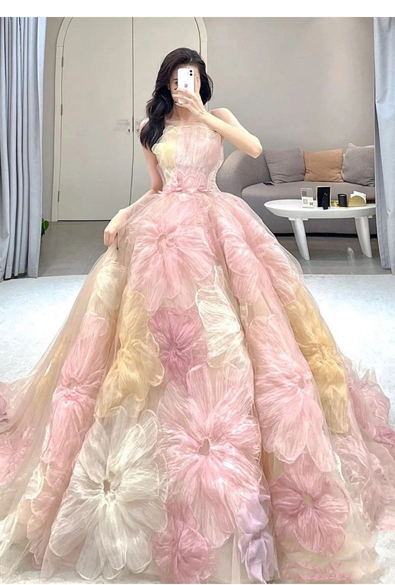 Stamped Wedding Dress Strapless Colorful Flower Bridal Dress