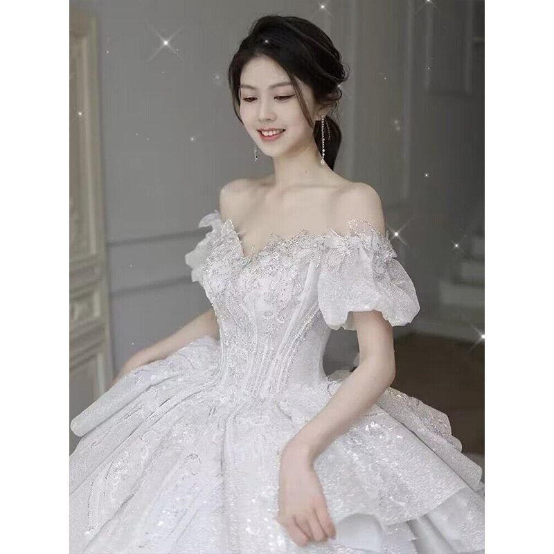 Bridal Dress Off The Shoulder Boat Neck With Bow Sequins Sweep Train