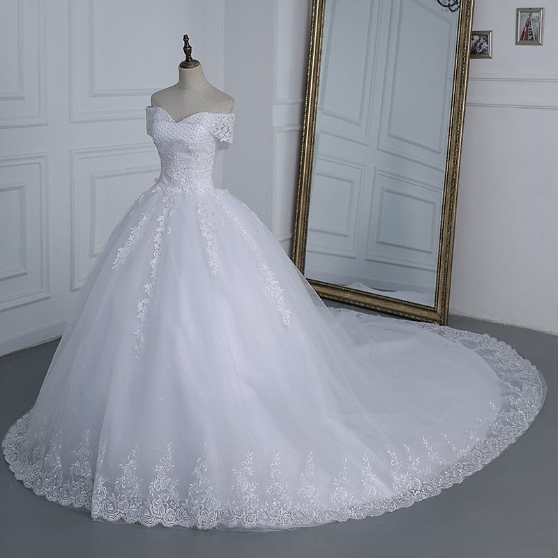 Off Shoulder Appliqes Pearls Long Train Bridal Gowns