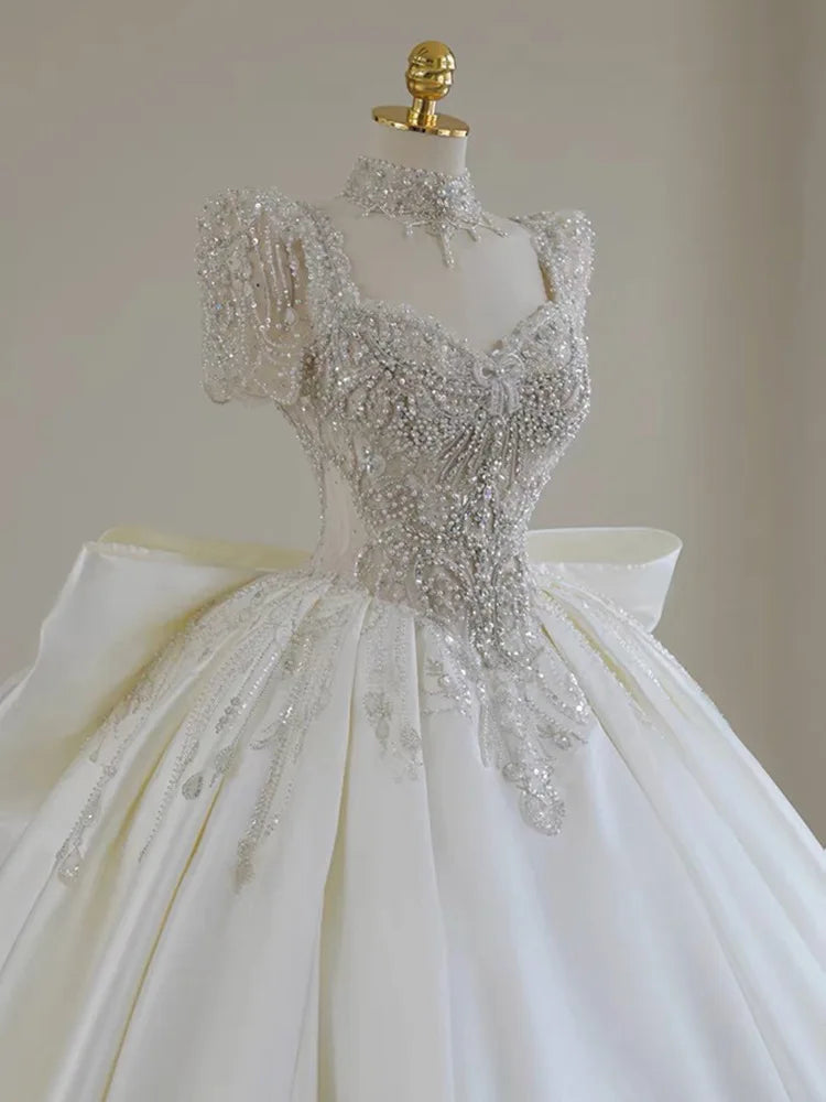 White Satin Sequins With Bow Ball Gown