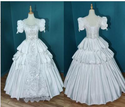 Satin Wedding Dress Lace Beading Shinny Lantern Sleeve Bridal Dress