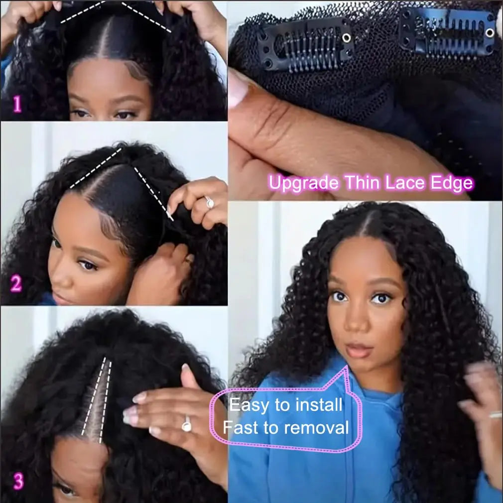 30 40 Inch V Part Wig Human Hair Curly deep wave Glueless Wigs No Leave Out No Glue Natural Black Ready to Wear Brazilian Hair
