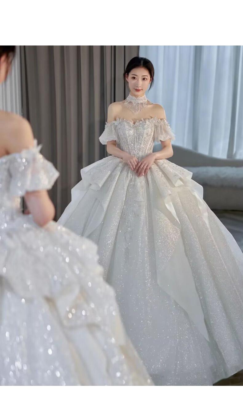 Bridal Dress Off The Shoulder Boat Neck With Bow Sequins Sweep Train