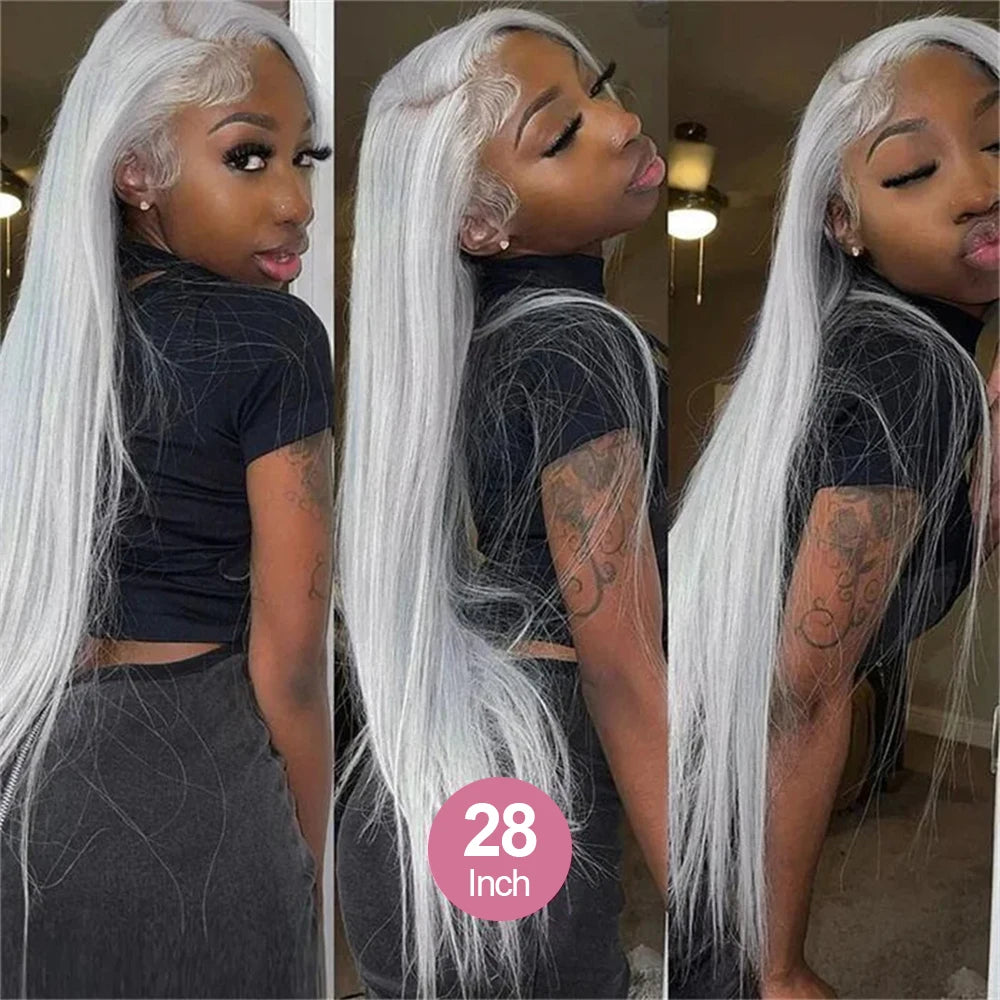 250 Density 13x6 Silver Grey Straight HD 613 Colored Lace Front Wig