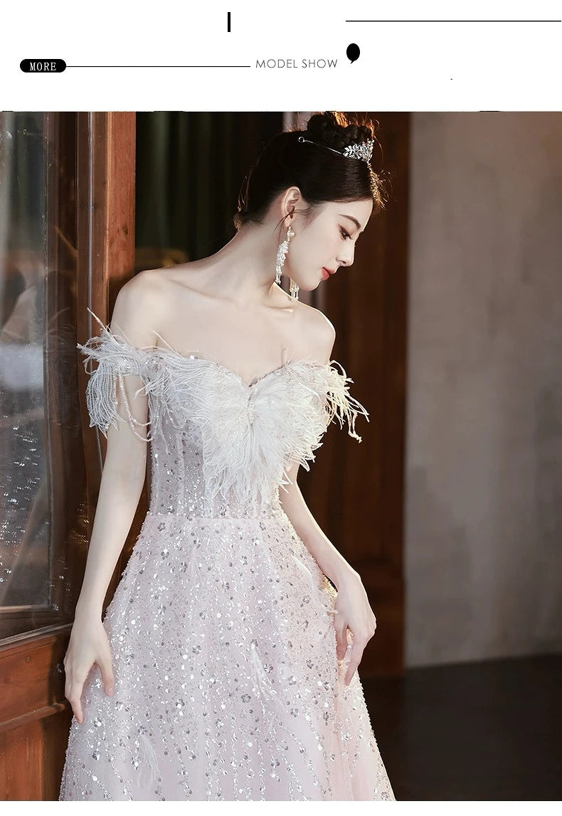 Pink Evening Dresses Off the Shoulder Lace-up Sequins Floor-Length A-line Sleeveless