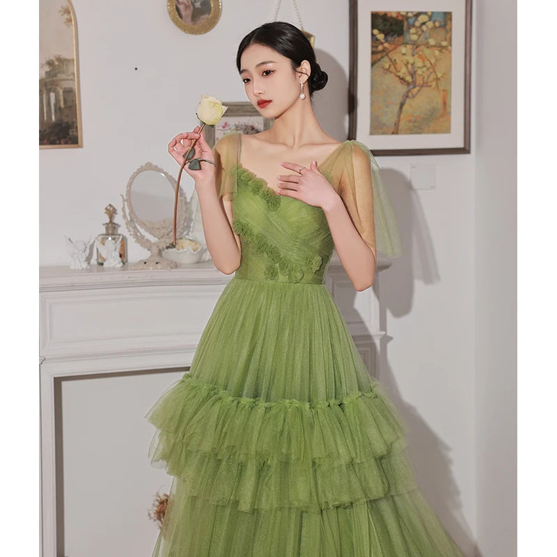 High End Green Women Evening Dresses Tulle Court Train Prom Party A Line Gowns