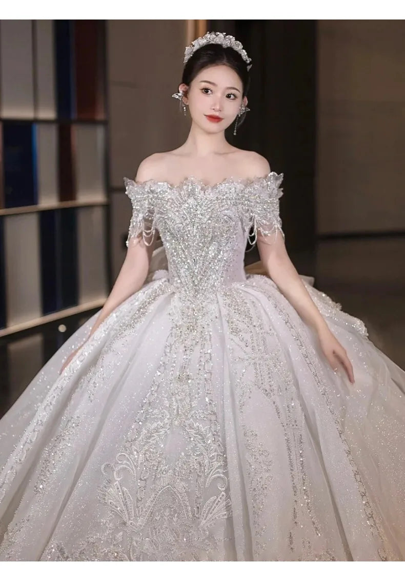 Boat Neck Handmade Beading Exquisite Off The Shoulder Princess Ball Gowns