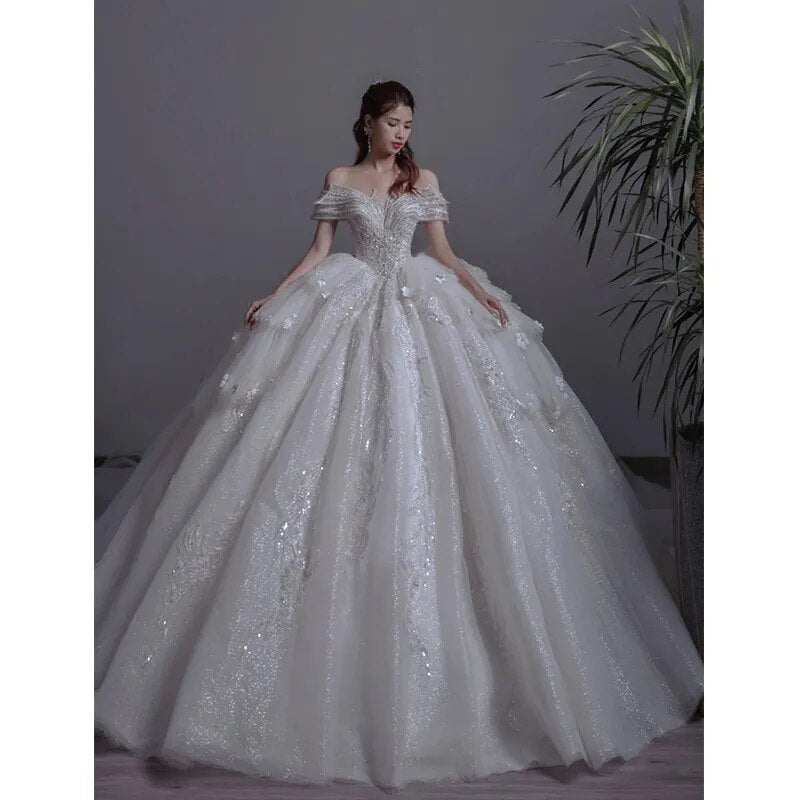 Floral Print Off The Shoulder Lace Luxury Wedding Dress