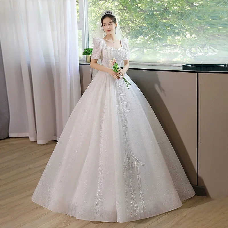 White Women Wedding Dresses Short Sleeves Sequins Pearls Ball Gown