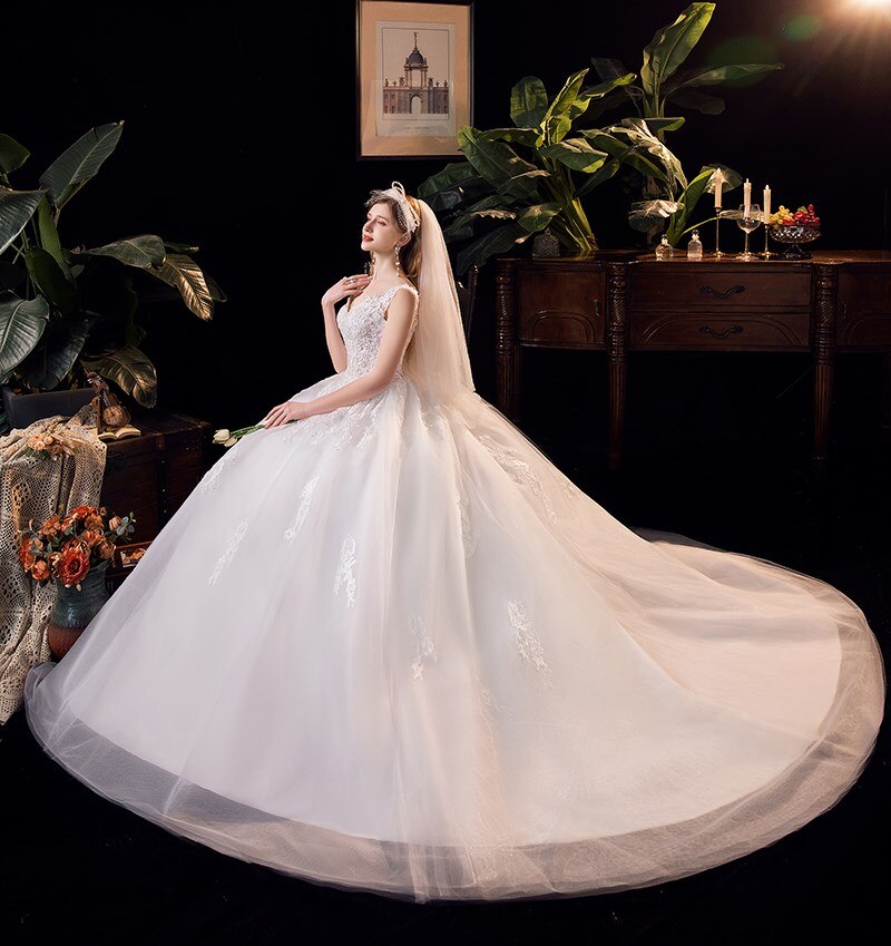 Lace V-neck Sweep Train Wedding Gowns Sleeveless Embroidery Bridal Dress
