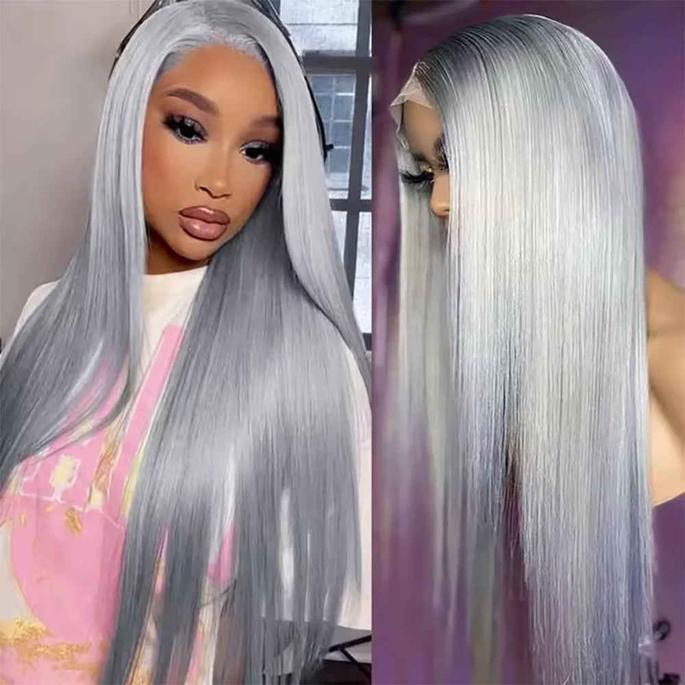 250 Density 13x6 Silver Grey Straight HD 613 Colored Lace Front Wig