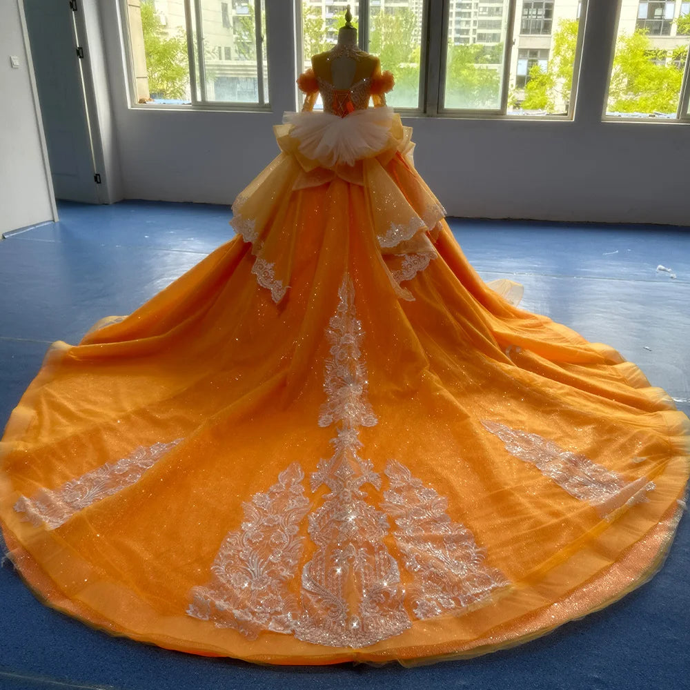 Beading Princess Orange Ball Gown High Neck Full Sleeve Church Wedding Lace Up