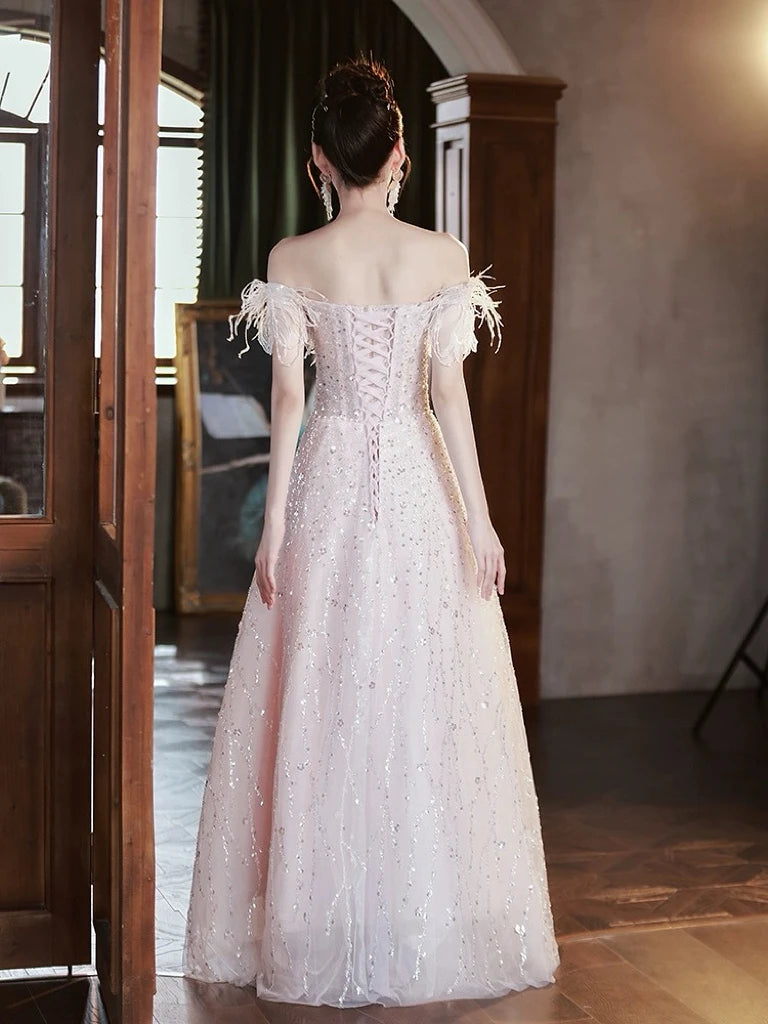 Pink Evening Dresses Off the Shoulder Lace-up Sequins Floor-Length A-line Sleeveless