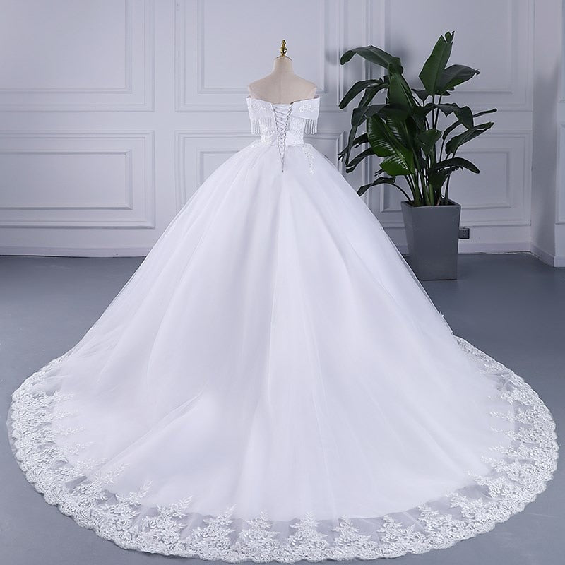 Luxury Tassel Long Train Wedding Gowns Sleeveless Lace Off The Shoulder Sweep Brush Train Lace Up Ball Gown Wedding Dresses