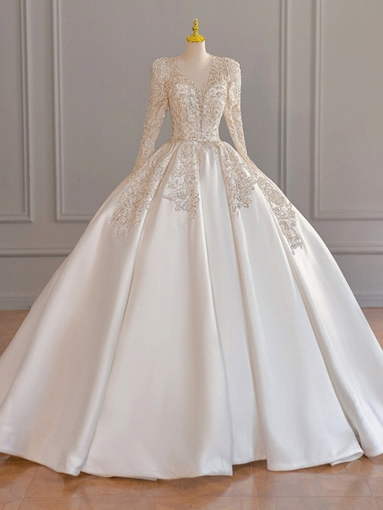 Satin Wedding Dresses Full Sleeve V-neck Sweep Train Lace Up Ball Gown