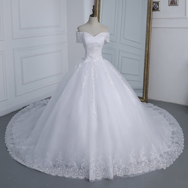Off Shoulder Appliqes Pearls Long Train Bridal Gowns