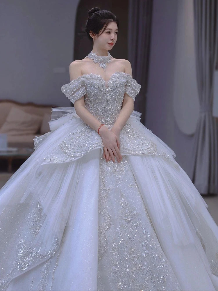 Off The Shoulder Handmade Appliques With Beading Princess Ball Gowns