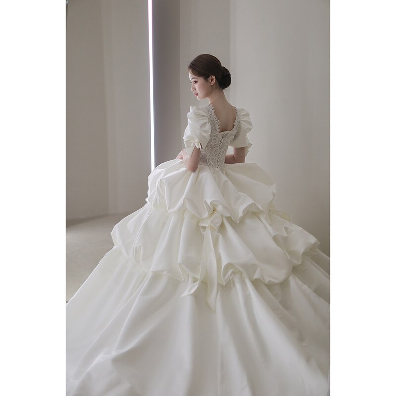 Puff Sleeve Princess Wedding Dress Sweep Train Beading Bridal Gown