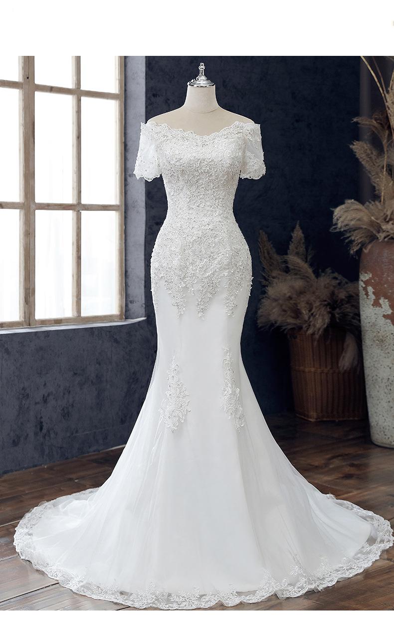 Lace Applique Wedding Dress Boat Neck Lace Up Short Sleeve Mermaid Bridal Dress
