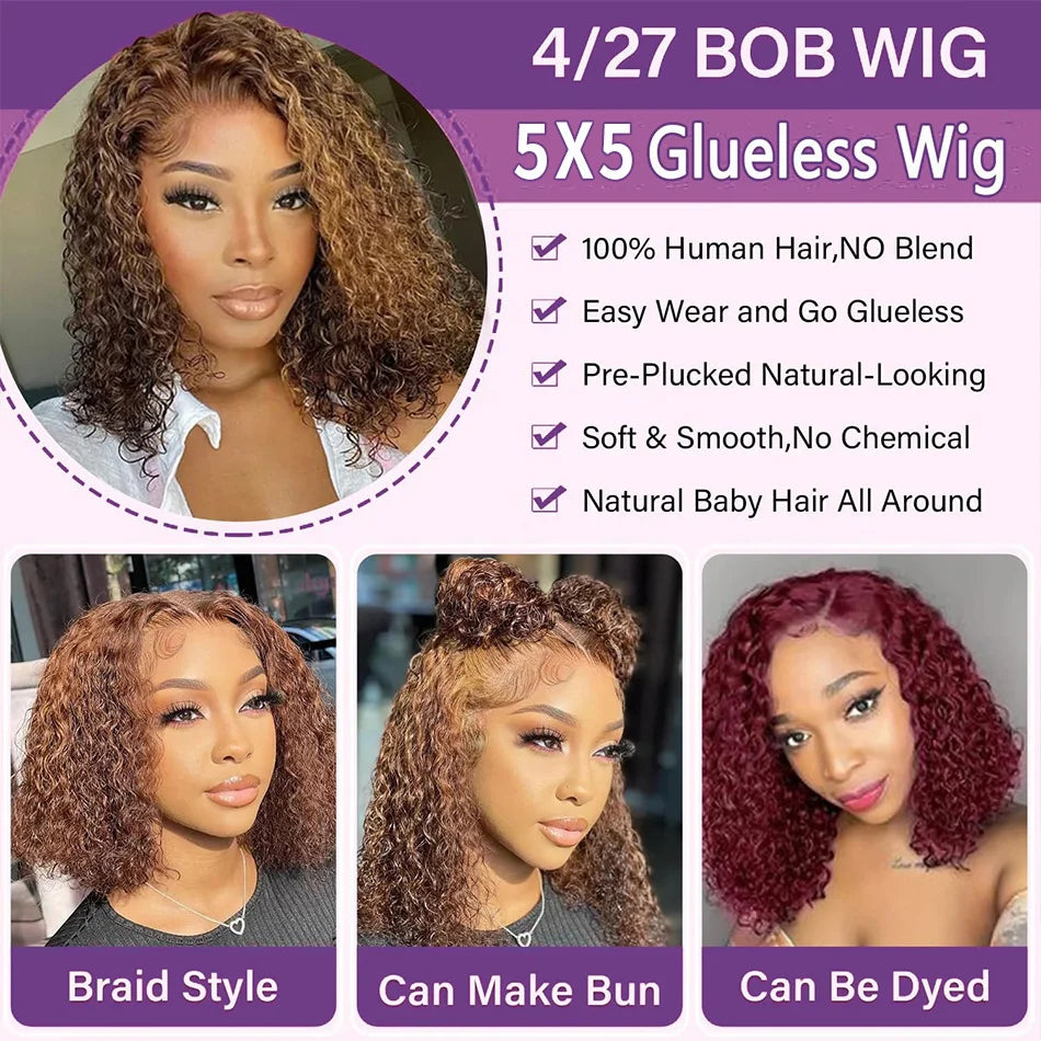 Bob Wig Human Hair 100% Highlight Ombre 5X5 Hd Lace Closure Wig Curly Short