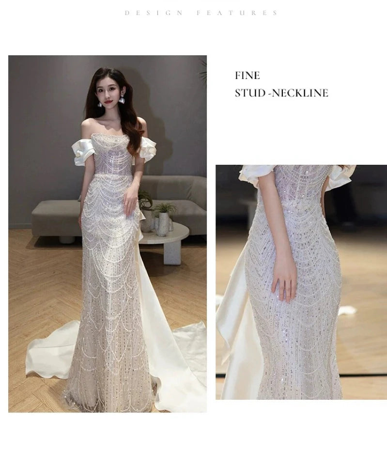 White Shiny Beading Evening Dresses Gorgeous Mermaid Host Light
