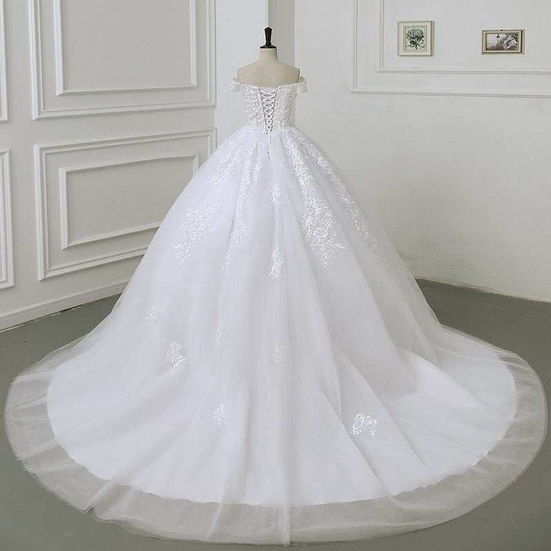 Luxury Applique Wedding Dress Off The Shoulder Lace Bridal Gown With Train Ball Gown
