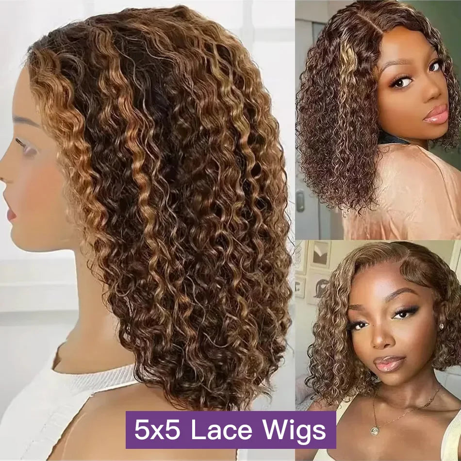Bob Wig Human Hair 100% Highlight Ombre 5X5 Hd Lace Closure Wig Curly Short