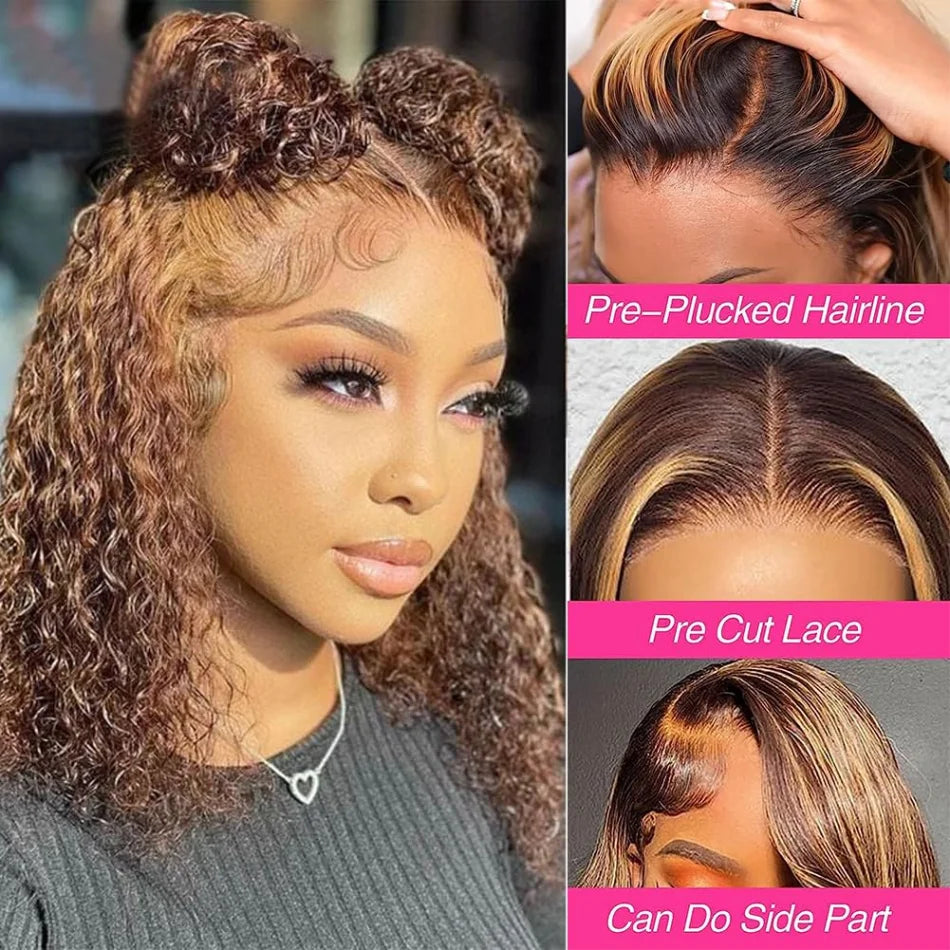Bob Wig Human Hair 100% Highlight Ombre 5X5 Hd Lace Closure Wig Curly Short