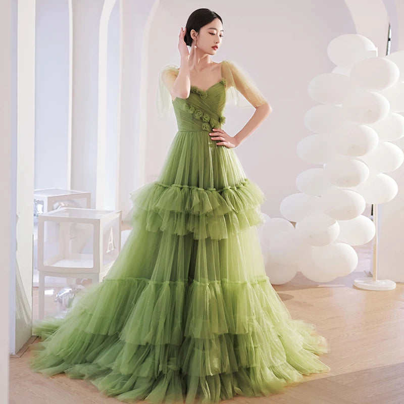 High End Green Women Evening Dresses Tulle Court Train Prom Party A Line Gowns