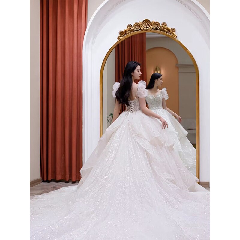 Embroidery Beaded Bubble Sleeveless Princess Wedding Gown