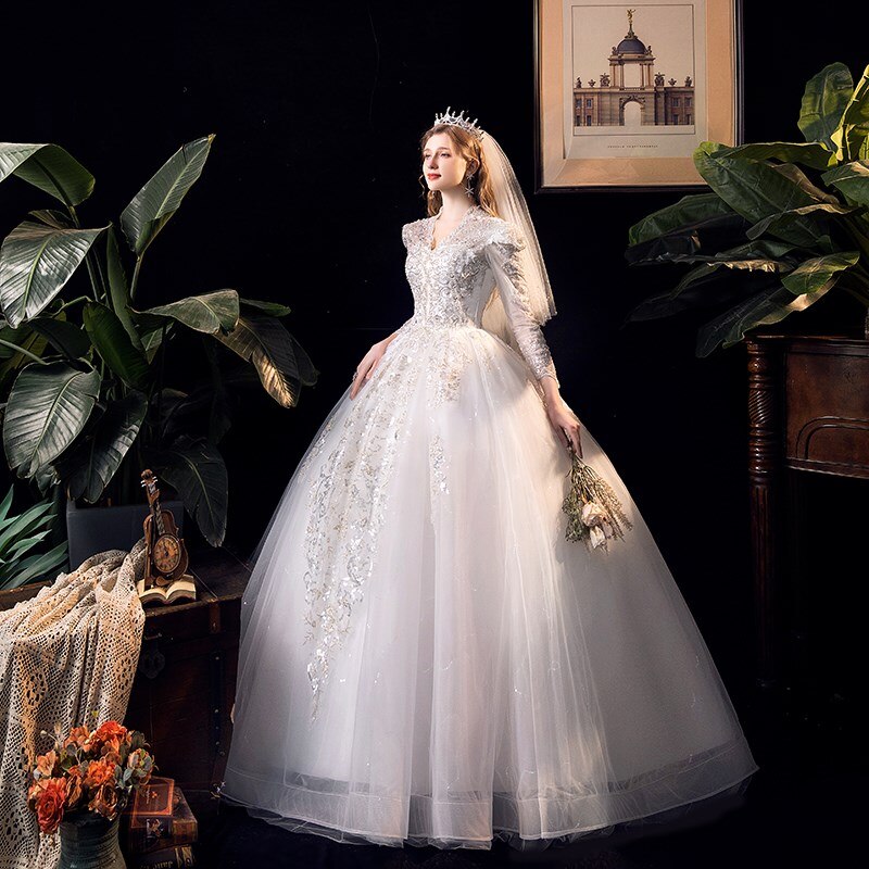 Luxury V Neck Long Sleeve Wedding Dress High Waist