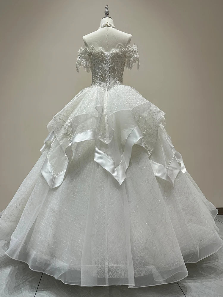 Luxury Boat Neck Wedding Dress Beading Lace Up Applique Bridal Dress Ball Gown