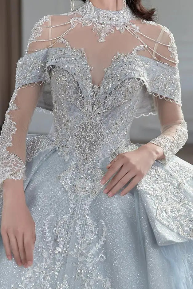 Off The Shoulder Shiny Embroidered Lace V Neck Vintage Bridal Ball Gown Dress
