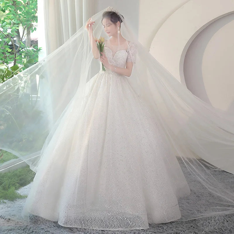 Bling Bling Ball Gown Women Wedding Dresses Sequins Short Sleeves