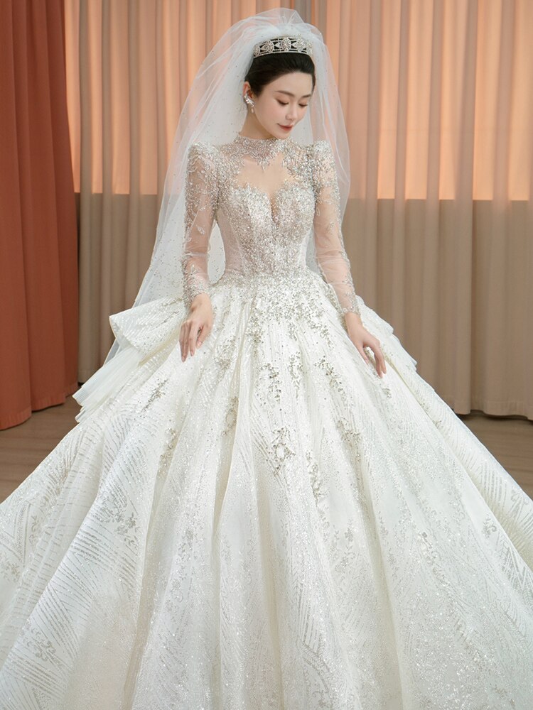 Luxury New O-neck Wedding Dress Long Sleeve Lace Applique Bridal Ball Gown Sweep Train