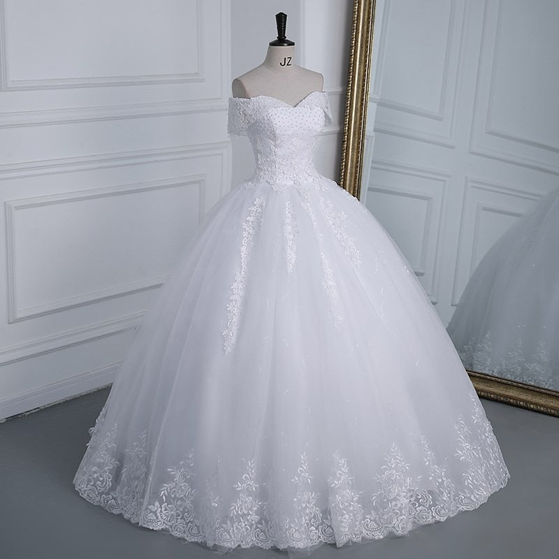 Off The Shoulder Plus Size Lace Wedding Dress Long Train Appliqes Pearls Bridal Tulle