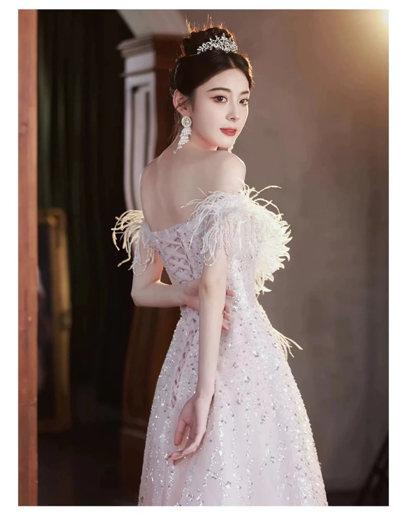 Pink Evening Dresses Off the Shoulder Lace-up Sequins Floor-Length A-line Sleeveless