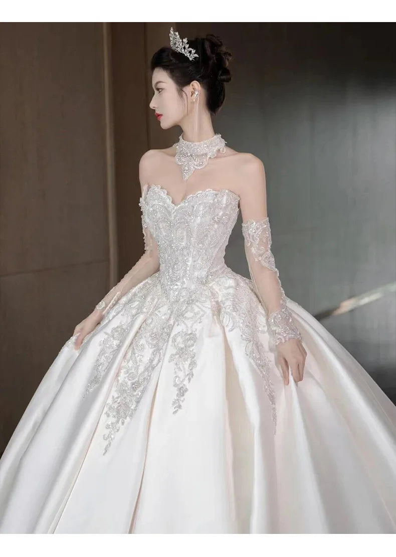 Strapless Luxury Wedding Dress Stain Beading Gowns