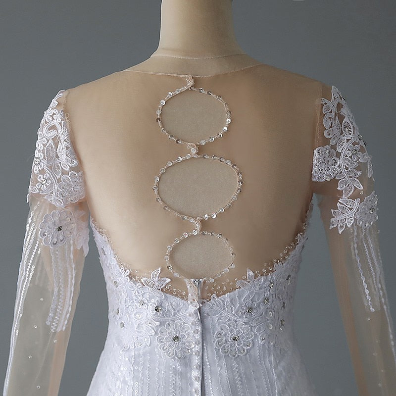 Long Sleeve Mermaid Wedding Dress With Small Train Elegant O Neck
